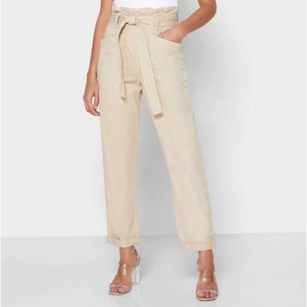 Topshop Casual Utility Trousers Tie Belt Paperbag Waist Pants w/Patch Pockets